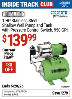 Harbor Freight Coupon DRUMMOND 1 HP STAINLESS STEEL SHALLOW WELL PUMP AND TANK WITH PRESSURE CONTROL SWITCH, 950 GPH Lot No. 63407 Valid: 12/31/69 - 5/28/26 - $139.99