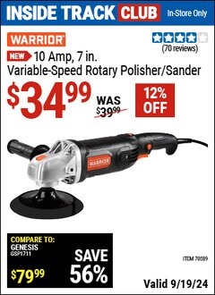 Harbor Freight ITC Coupon WARRIOR 10 AMP, 7 IN. VARIABLE-SPEED ROTARY POLISHER/SANDER Lot No. 70589 Expired: 9/19/24 - $34.99