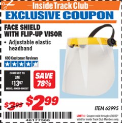 Harbor Freight ITC Coupon FACE SHIELD WITH FLIP-UP VISOR Lot No. 62995/96542 Expired: 4/30/20 - $2.99
