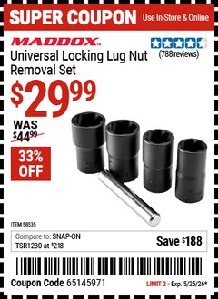 Harbor Freight Coupon MADDOX UNIVERSAL LOCKING LUG NUT REMOVAL SET Lot No. 58535 Valid Thru: 5/25/26 - $29.99