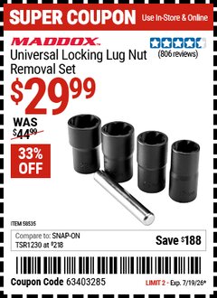 Harbor Freight Coupon MADDOX UNIVERSAL LOCKING LUG NUT REMOVAL SET Lot No. 58535 Expired: 7/19/26 - $29.99