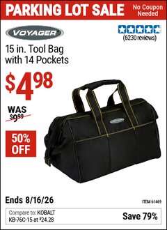 Harbor Freight Coupon VOYAGER 15 IN. TOOL BAG WITH 14 POCKETS Lot No. 61469 EXPIRES: 8/16/26 - $4.98