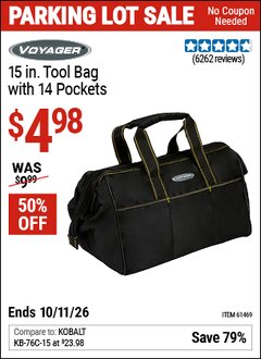 Harbor Freight Coupon VOYAGER 15 IN. TOOL BAG WITH 14 POCKETS Lot No. 61469 Valid Thru: 10/11/26 - $4.98