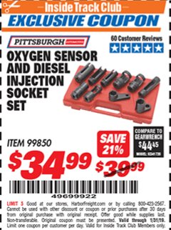 Harbor Freight ITC Coupon OXYGEN SENSOR AND DIESEL FUEL INJECTION SOCKET SET Lot No. 99850 Expired: 1/31/19 - $34.99