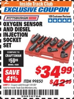 Harbor Freight ITC Coupon OXYGEN SENSOR AND DIESEL FUEL INJECTION SOCKET SET Lot No. 99850 Expired: 1/31/20 - $34.99