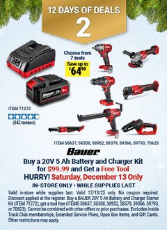Harbor Freight Free Coupon BAUER 20V BRUSHLESS CORDLESS 1/2 IN. 3-SPEED IMPACT WRENCH - TOOL ONLY Lot No. 58637 Valid Thru: 12/13/25 - FWP