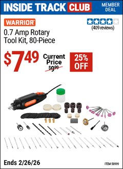 Harbor Freight Coupon WARRIOR 0.7 AMP ROTARY TOOL KIT, 80-PIECE Lot No. 58999 Valid: 12/31/69 - 2/26/26 - $7.49