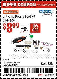Harbor Freight Coupon WARRIOR 0.7 AMP ROTARY TOOL KIT, 80-PIECE Lot No. 58999 Valid Thru: 8/16/26 - $8.99