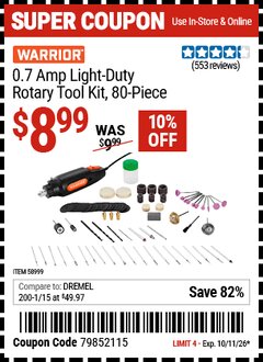 Harbor Freight Coupon WARRIOR 0.7 AMP ROTARY TOOL KIT, 80-PIECE Lot No. 58999 EXPIRES: 10/11/26 - $8.99