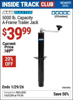Harbor Freight ITC Coupon HAUL-MASTER 5000 LB. CAPACITY A-FRAME TRAILER JACK Lot No. 58032 Valid Thru: 1/29/26 - $39.99