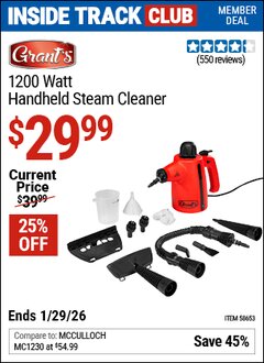 Harbor Freight ITC Coupon GRANT'S 1200 WATT HANDHELD STEAM CLEANER Lot No. 58653 Valid Thru: 1/29/26 - $29.99