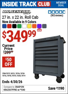 Harbor Freight ITC Coupon U.S. GENERAL 27 IN. X 22 IN. ROLL CAB, SERIES 3 Lot No. 58721/70736/70737/70738/70739/70740/70741/70742 Valid Thru: 4/30/26 - $349.99