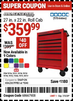 Harbor Freight Coupon U.S. GENERAL 27 IN. X 22 IN. ROLL CAB, SERIES 3 Lot No. 58721/70736/70737/70738/70739/70740/70741/70742 EXPIRES: 7/5/26 - $359.99