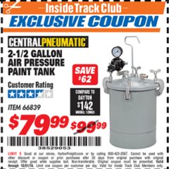 Harbor Freight ITC Coupon 2-1/2 GALLON AIR PRESSURE PAINT TANK Lot No. 66839 Expired: 10/31/18 - $79.99