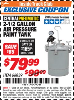 Harbor Freight ITC Coupon 2-1/2 GALLON AIR PRESSURE PAINT TANK Lot No. 66839 Expired: 4/30/19 - $79.99