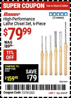 Harbor Freight Coupon BAUER HIGH-PERFORMANCE LATHE CHISEL SET, 6-PIECE Lot No. 59644 Expired: 8/4/24 - $79.99