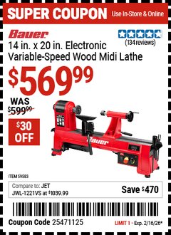 Harbor Freight Coupon BAUER 14 IN. X 20 IN. ELECTRONIC VARIABLE-SPEED WOOD MIDI LATHE Lot No. 59583 Valid Thru: 2/16/26 - $569.99