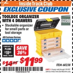 Harbor Freight ITC Coupon TOOLBOX ORGANIZER WITH 4 DRAWERS Lot No. 68238 Expired: 1/31/20 - $11.99