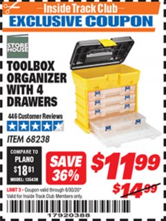 Harbor Freight ITC Coupon TOOLBOX ORGANIZER WITH 4 DRAWERS Lot No. 68238 Expired: 6/30/20 - $11.99