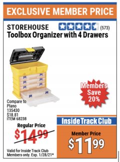 Harbor Freight ITC Coupon TOOLBOX ORGANIZER WITH 4 DRAWERS Lot No. 68238 Expired: 1/28/21 - $11.99