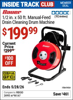 Harbor Freight ITC Coupon BAUER 1/2 IN. X 50 FT. MANUAL-FEED DRAIN CLEANING DRUM MACHINE Lot No. 59534 Valid Thru: 5/28/26 - $199.99
