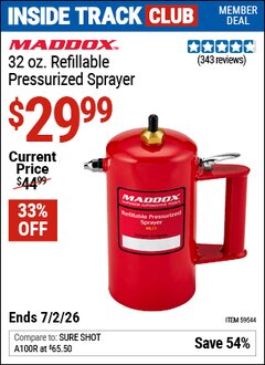 Harbor Freight Coupon MADDOX 32 OZ. REFILLABLE PRESSURIZED SPRAYER Lot No. 59544 Valid: 12/31/69 - 7/2/26 - $29.99