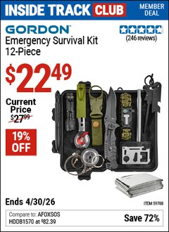 Harbor Freight ITC Coupon GORDON EMERGENCY SURVIVAL KIT, 12-PIECE Lot No. 59708 Valid Thru: 4/30/26 - $22.49