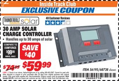 Harbor Freight ITC Coupon THUNDERBOLT SOLAR 30 AMP SOLAR CHARGE CONTROLLER Lot No. 68738 Expired: 8/31/19 - $59.99