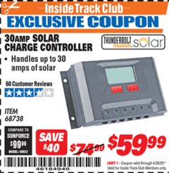 Harbor Freight ITC Coupon THUNDERBOLT SOLAR 30 AMP SOLAR CHARGE CONTROLLER Lot No. 68738 Expired: 4/30/20 - $59.99