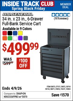 Harbor Freight Coupon U.S. GENERAL 34 IN. X 23 IN., 6-DRAWER FULL-BANK SERVICE CART Lot No. 57517/58071/58072/58073/58743/58744/59853/59854/70697 Valid: 12/31/69 - 4/9/26 - $499.99