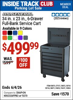Harbor Freight Coupon U.S. GENERAL 34 IN. X 23 IN., 6-DRAWER FULL-BANK SERVICE CART Lot No. 57517/58071/58072/58073/58743/58744/59853/59854/70697 Valid: 12/31/69 - 6/4/26 - $499.99