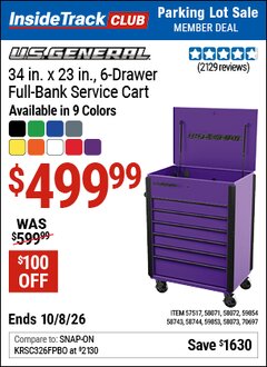 Harbor Freight ITC Coupon U.S. GENERAL 34 IN. X 23 IN., 6-DRAWER FULL-BANK SERVICE CART Lot No. 57517/58071/58072/58073/58743/58744/59853/59854/70697 Expired: 10/8/26 - $499.99