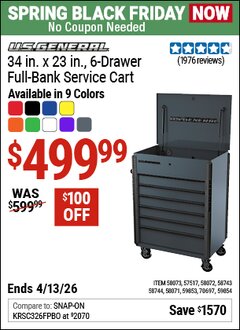 Harbor Freight Coupon U.S. GENERAL 34 IN. X 23 IN., 6-DRAWER FULL-BANK SERVICE CART Lot No. 57517/58071/58072/58073/58743/58744/59853/59854/70697 Expired: 4/12/26 - $499.99