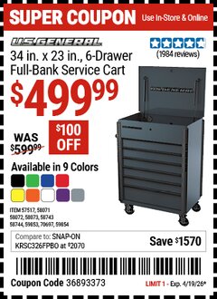Harbor Freight Coupon U.S. GENERAL 34 IN. X 23 IN., 6-DRAWER FULL-BANK SERVICE CART Lot No. 57517/58071/58072/58073/58743/58744/59853/59854/70697 Expired: 4/19/26 - $499.99