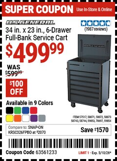 Harbor Freight Coupon U.S. GENERAL 34 IN. X 23 IN., 6-DRAWER FULL-BANK SERVICE CART Lot No. 57517/58071/58072/58073/58743/58744/59853/59854/70697 Expired: 5/10/26 - $499.99