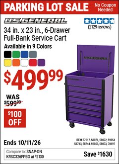Harbor Freight Coupon U.S. GENERAL 34 IN. X 23 IN., 6-DRAWER FULL-BANK SERVICE CART Lot No. 57517/58071/58072/58073/58743/58744/59853/59854/70697 Expired: 10/11/26 - $499.99