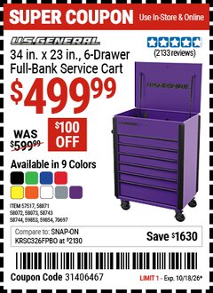 Harbor Freight Coupon U.S. GENERAL 34 IN. X 23 IN., 6-DRAWER FULL-BANK SERVICE CART Lot No. 57517/58071/58072/58073/58743/58744/59853/59854/70697 Expired: 10/18/26 - $499.99