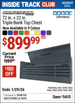 Harbor Freight ITC Coupon U.S. GENERAL 72 IN. X 22 IN. TRIPLE BANK TOP CHEST, SERIES 3 Lot No. 70322/70325/70326/70324/70323/70321/70320/58708 Valid Thru: 1/29/26 - $899.99