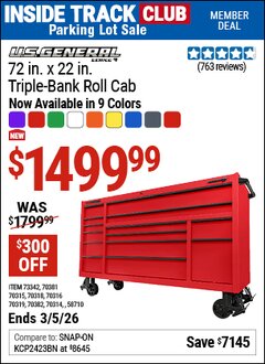 Harbor Freight ITC Coupon U.S. GENERAL 72 IN. X 22 IN. TRIPLE-BANK ROLL CAB, SERIES 3 Lot No. 58710/70314/70315/70316/70318/70319/70381/70382/73342 Expired: 3/5/26 - $1499.99