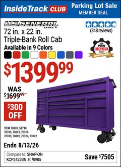 Harbor Freight ITC Coupon U.S. GENERAL 72 IN. X 22 IN. TRIPLE-BANK ROLL CAB, SERIES 3 Lot No. 58710/70314/70315/70316/70318/70319/70381/70382/73342 Valid Thru: 8/13/26 - $1399.99