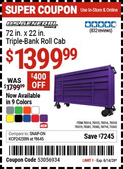 Harbor Freight Coupon U.S. GENERAL 72 IN. X 22 IN. TRIPLE-BANK ROLL CAB, SERIES 3 Lot No. 58710/70314/70315/70316/70318/70319/70381/70382/73342 Valid Thru: 6/14/26 - $1399.99