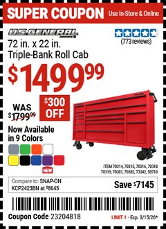 Harbor Freight Coupon U.S. GENERAL 72 IN. X 22 IN. TRIPLE-BANK ROLL CAB, SERIES 3, RED Lot No. 58710/70314/70315/70316/70318/70319/70381/70382/73342 Valid Thru: 3/15/26 - $1499.99