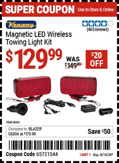 Harbor Freight Coupon KENWAY MAGNETIC LED WIRELESS TOWING LIGHT KIT Lot No. 58469 Valid Thru: 8/16/26 - $129.99