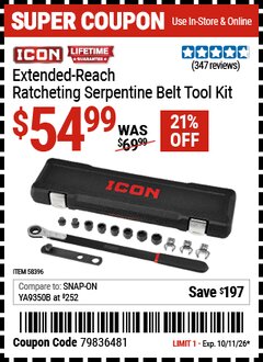 Harbor Freight Coupon ICON EXTENDED-REACH RATCHETING SERPENTINE BELT TOOL KIT Lot No. 58396 EXPIRES: 10/11/26 - $54.99