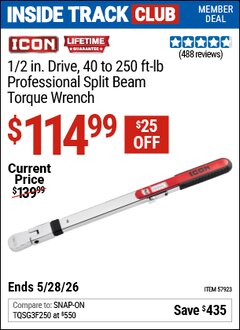 Harbor Freight Coupon ICON 1/2 IN. DRIVE, 40 TO 250 FT-LB PROFESSIONAL SPLIT BEAM TORQUE WRENCH Lot No. 57923 Valid: 12/31/69 - 5/28/26 - $114.99