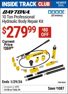 Harbor Freight ITC Coupon DAYTONA 10 TON PROFESSIONAL HYDRAULIC BODY REPAIR KIT Lot No. 58665 Valid Thru: 1/29/26 - $279.99