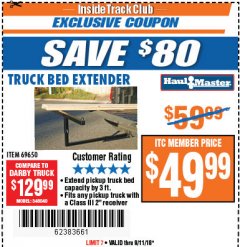 Harbor Freight ITC Coupon HAUL-MASTER TRUCK BED EXTENDER Lot No. 69650 Expired: 9/11/18 - $49.99