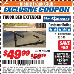 Harbor Freight ITC Coupon TRUCK BED EXTENDER Lot No. 69650 Expired: 11/30/18 - $49.99
