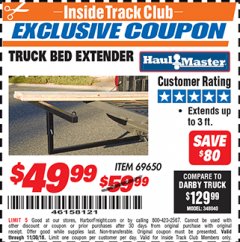 Harbor Freight ITC Coupon HAUL-MASTER TRUCK BED EXTENDER Lot No. 69650 Expired: 11/30/18 - $49.99
