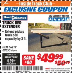 Harbor Freight ITC Coupon HAUL-MASTER TRUCK BED EXTENDER Lot No. 69650 Expired: 3/31/20 - $49.99